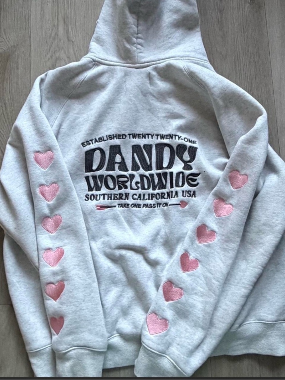 Light Gray Hoodie with Pink Heart Sleeve Details